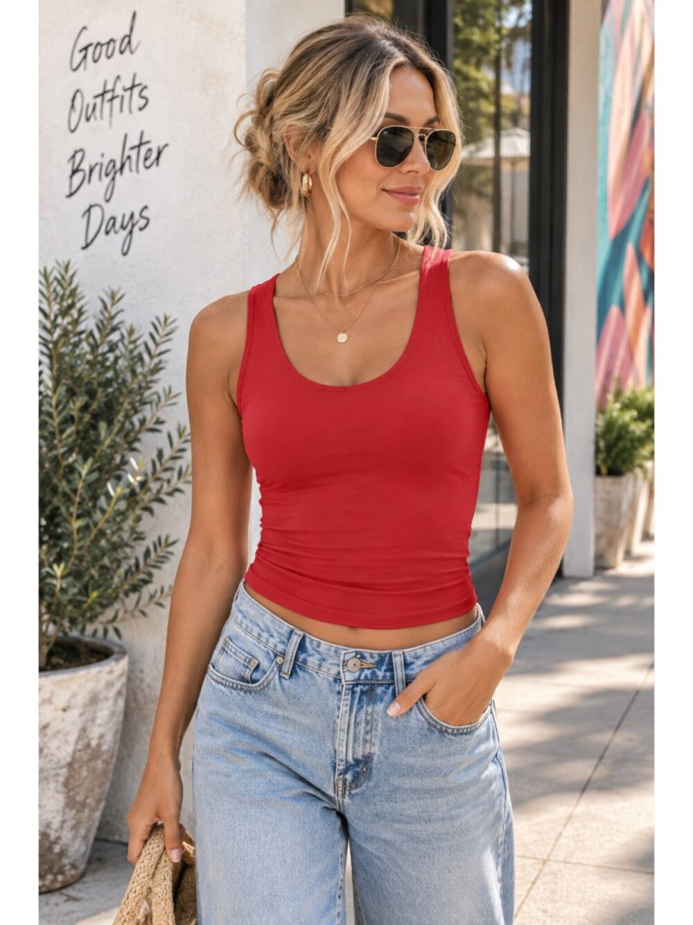 Los Angeles BoutiqueDouble Lined Red V-Neck Cropped Tank Top Soft Stretchy M